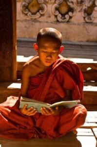 Monk child reading a book